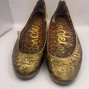 Women's Sam Edelman Gold Leopard Print Flats Size 7.5